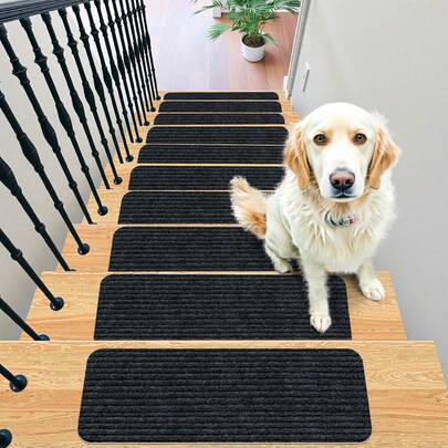 15pcs Self-Adhesive Stair Carpet Mats, Striped Non-Slip Soft Stair Tread Protectors, Home Decor, Outdoor Polyester Material Suitable For Wooden Steps, Indoor Floor Mats