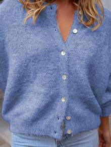 Sylvia Women's Solid Color Basic Minimalist Button-Up Round Neck Loose Soft Knit Cardigan, Relaxed And Gentle Vibe Suitable For Daily Commute, Work, Travel, Afternoon Tea, New Year - Blue - View 3