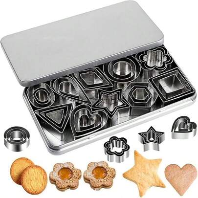 30pcs Stainless Steel Mini Cookie Cutter Set - Stainless Steel Metal Stamps In Star, Flower, Round, Heart, Square, Triangle, Oval, Teardrop Geometric Shapes, Mini Mousse Rings For Cookies And Pastries, Valentine's Day, Birthday Cake DIY Baking Tools, With Iron Box Storage