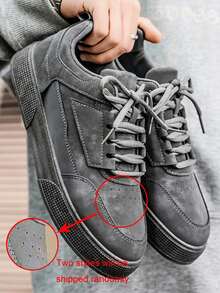 （建议选大一码）男士纯灰色系带滑板鞋，简约圆头厚底高帮运动鞋