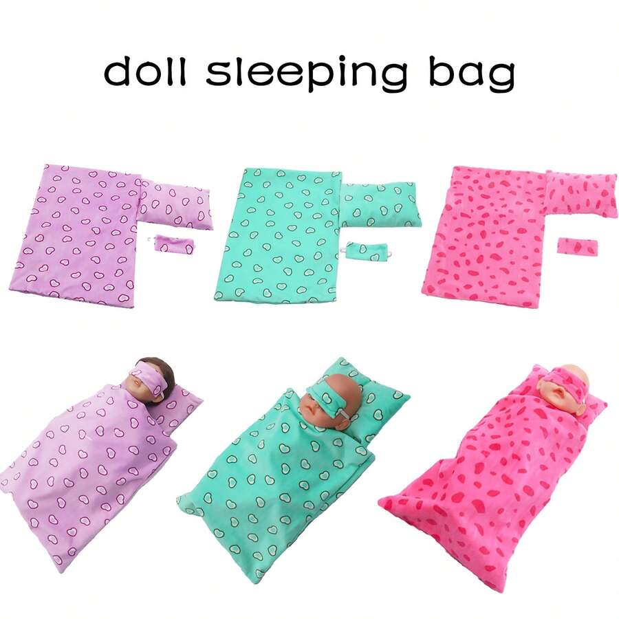 三件套43-45厘米娃娃睡袋套装，包含睡袋、枕头、眼罩，有心形和波点图案可选。 - 娃娃睡袋 - 查看 1