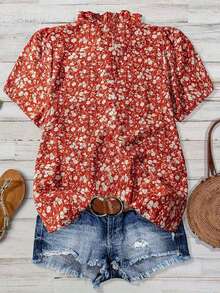 Spring And Summer Women's Shirt Holiday Floral Print Woven Fabric Ruffle Button Collar Shirt Home Indoor Comfortable Wear - 混合色 - 查看 2