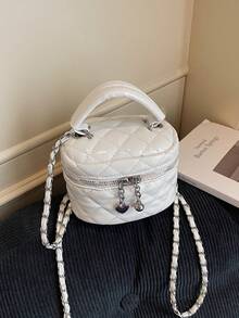 1pc Girls' Diamond Pattern PU Zipper Closure Handbag, Suitable For Everyday Use In Autumn/Winter - White - View 4