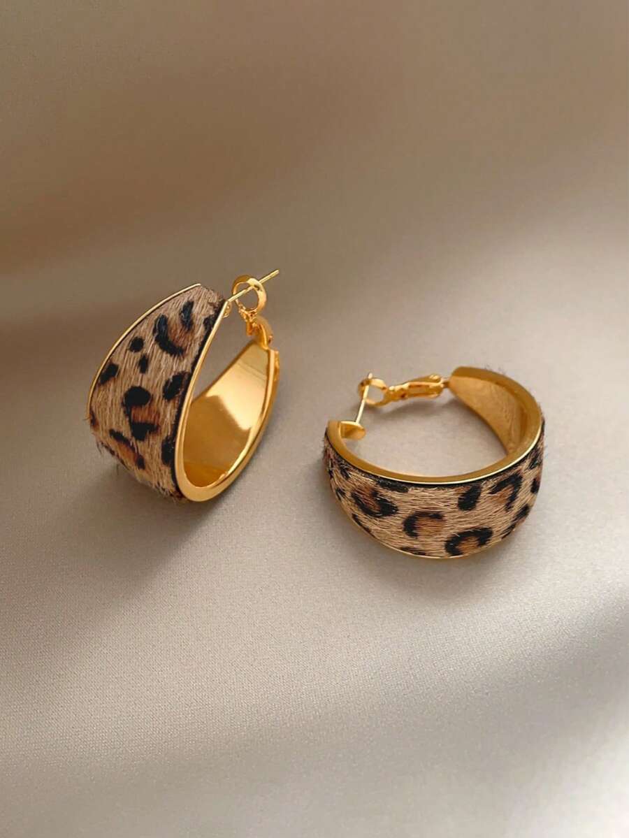 1 Pair Vintage Elegant Flocked Leopard Print Unique Design Hoop Earrings For Women, Suitable For Parties And Gatherings - Multicolor - View 1