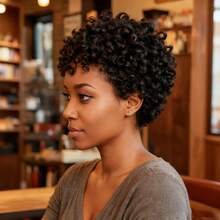 Peruka z brazylijskich włosów ludzkich – naturalna, czarna, w stylu pixie/kręcone fale, bezklejowa, z siateczki w kolorze róży, natychmiastowa objętość, wygodne dopasowanie do jasnobeżowych typów urody, idealna do noszenia na co dzień, na imprezy i festiwale - Natural Black - Zobacz 7