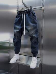 Teenage Jeans Stylish Cropped Design With Comfortable Tapered Legs, Perfect Fit For Teens In Modern Streetwear Style - 藍色 - 查看 8