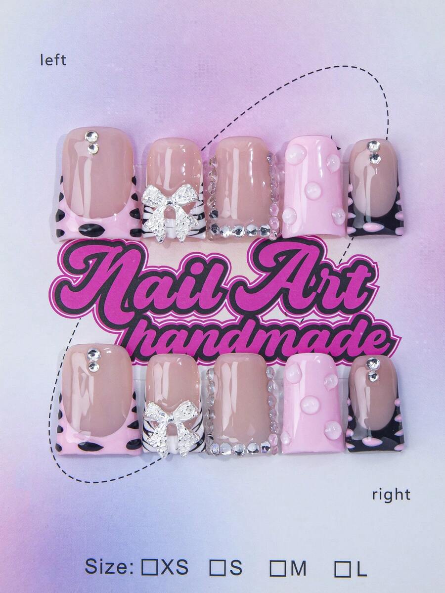 10片Y2K风格3D白色花朵短鸭嘴美甲贴片，手工法式美甲假指甲，带有3D白色花朵元素和闪亮水钻，甜美可爱，夏秋必备，适合日常、旅行、派对，是送给女性和女孩的绝佳美甲用品。 - 淺粉色 - 查看 1