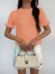 女士休闲纯色圆领荷叶边下摆褶裥短袖宽松羊毛混纺T恤上衣，春秋季