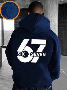 男童“67 SIX SEVEN”字母数字图案保暖套头卫衣，秋冬季保暖舒适，适合活泼男孩的休闲街头风格。 - 藏蓝色 - 查看 3