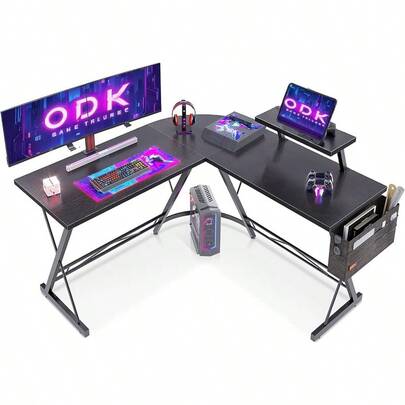 Gaming Desk 127x127x77cm L Shaped Desk With Monitor StandandStorage Bag Metal Legs Corner Gaming Table With Headphone Hook For Home Office Bedroom Study Black