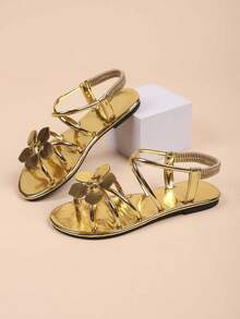 1双金色花朵设计沙滩凉鞋，休闲时尚性感金色花朵装饰弹力平底凉鞋 - 适合海滩、约会、聚会、户外活动，室内外必备 - 金色 - 查看 6