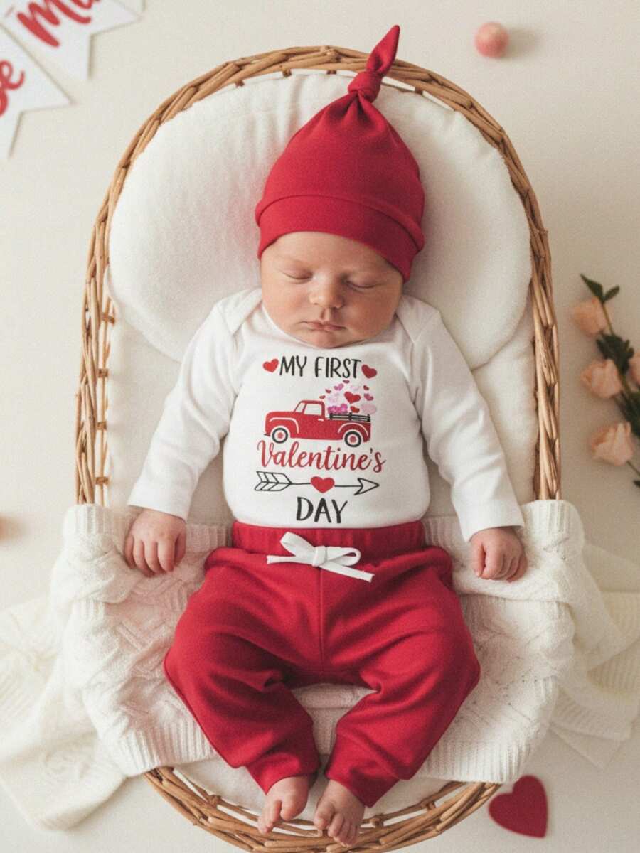 Conjunto de ropa para bebé niño con estampado de letras y camión bordado, pantalones con cintura elástica, sombrero para primavera - Blanco - Ver 1