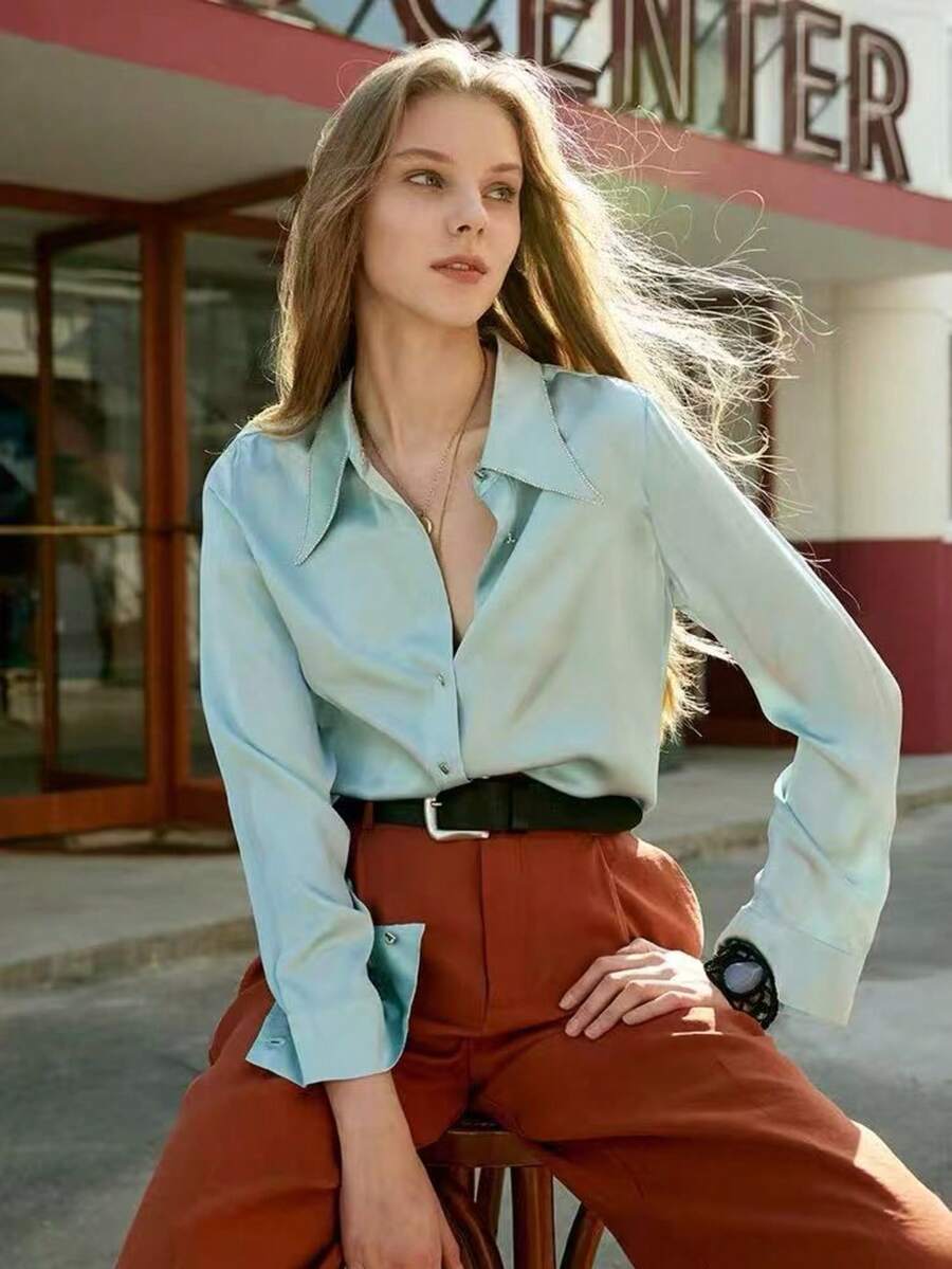 时尚欧式法式设计女式宽松长袖衬衫，修身显瘦，适合春夏穿着。 - 薄荷綠 - 查看 1