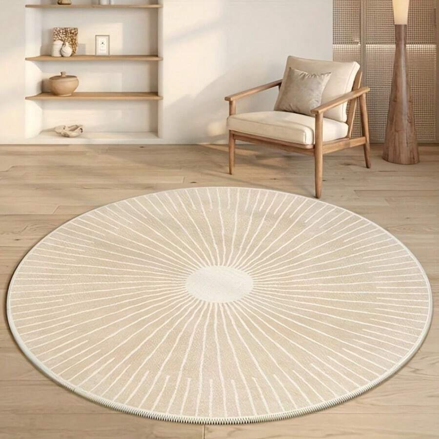 1pc Cream Striped Round Area Rug, Suitable For Bedroom, Living Room, Study, Wardrobe, Bedroom Carpet, Modern Home Decor, Decorative Rug, Bedroom Decor, Small Rug, Carpet, Home Decor, Living Room Carpet, Living Room Small Rug, Bedroom Carpet, Living Room Home Decor, Outdoor Rug, Washable Rug, Plush Rug, Thick Rug, Fluffy Rug, Autumn/Winter Rug - Multicolor - View 1