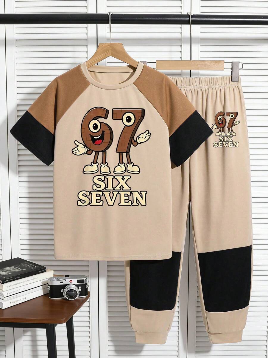 Tween Boy Cartoon Print Round Neck Short Sleeve T-Shirt And Pants Set - Apricot - View 1