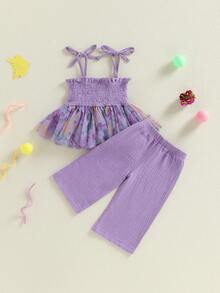 Conjunto de 2 piezas de ropa para niña con estampado de letras bordadas y dobladillo de tul, sin mangas, camisola, pantalones con cintura elástica - Morado - Ver 2