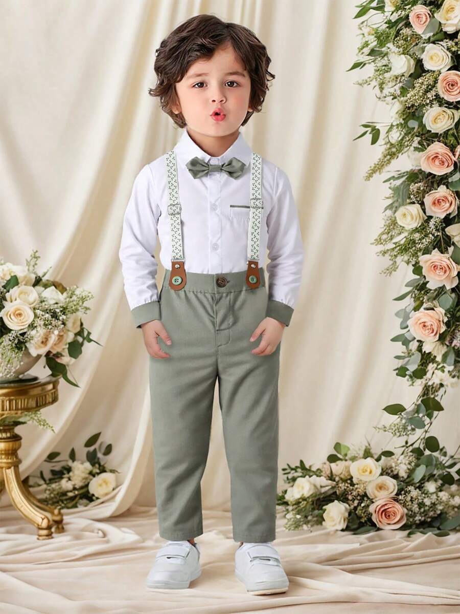BOARNSEORL 2pcs Baby Boys Gentleman Outfit Set - Long Sleeve Shirt With Bowtie And Overall Pants, Fashion & For Birthday Party, Anniversary, Back To School - Green - View 1