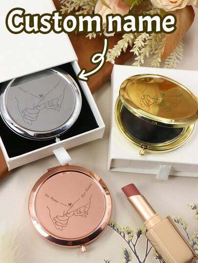 Espejo de bolsillo personalizado - Con caja de regalo, espejo de maquillaje plegable personalizado, espejo mini personalizado con nombres de pareja, espejo personalizable, regalos de boda, regalos de cumpleaños, acero inoxidable, Día de San Valentín, patrón de pareja tomados de la mano, viaje, portátil, pequeño y exquisito, madres, parejas, amigos, familia