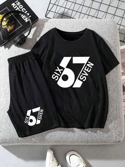 2件套男童数字印花短袖T恤和短裤休闲套装