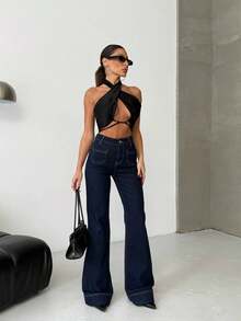 SQUALO Women's Wide Leg Color With Pocket Details Destroyed Retro Washed Street Style Jeans Ripped And Cutout Wide Leg Jeans - Màu xanh hải quân - Xem 4