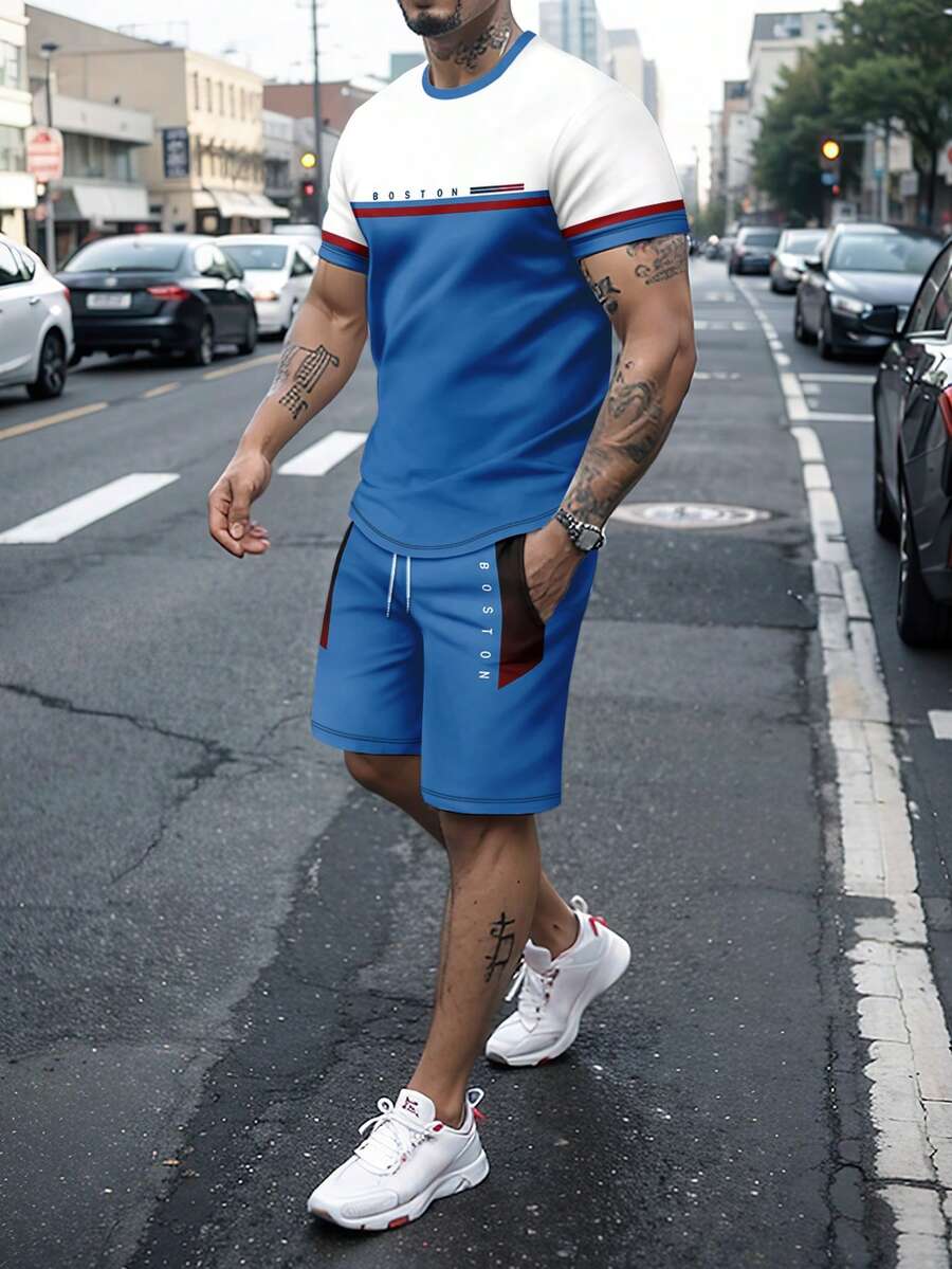 男士印花短袖T恤短裤套装，简约时尚，适合夏季穿着 - 藍色 - 查看 1