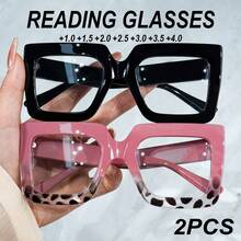 cabecade 2pcs/Set Extra Large Square Reading Glasses, Fashionable Leopard Print Computer Readers For Women, +1.0 To +4.0 Magnification - clear - View 3