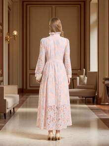 DEVCHATA Elegant Women's Embroidered Lace Evening Dress, Long Sleeve Stand Collar A-Line Woven Fabric Dress, Suitable For Beach, Afternoon Party, Wedding, Commute And Other Occasions, Spring/Summer - Pink - View 3