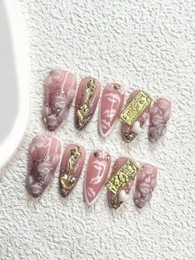 10Pcs French Manicure Style Handmade Press On Nail,Polygel Nail Set,3D Flowers,Champagne Sparkling Rhinestones Fake,Pink Nail Polish,Personality Style,Includes Nail Tools,3 Sizes Available,Almond,Duck,Coffin Nails For Party,Dance,Daily Wear. - 彩色 - 查看 12
