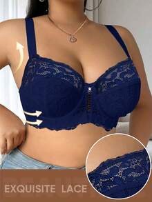 1 Peça Sutiã Sem Arame com Recorte de Renda Plus Size para Mulheres, Design Confortável e Minimalista, Tecido Tricotado - Azul - Visão 5