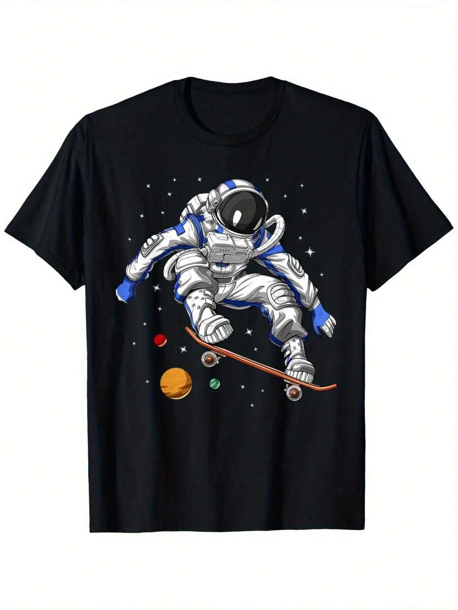 Men's & Women's Space Astronaut Skateboard Graphic T-Shirt - 100% Cotton, Black With Vibrant Astrona - 黑色 - 查看 1