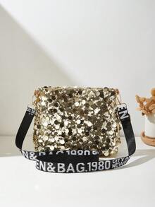 Bolso de hombro de mujer con lentejuelas, bolso de cubo pequeño de mujer tipo bandolera - Dorado - Ver 5