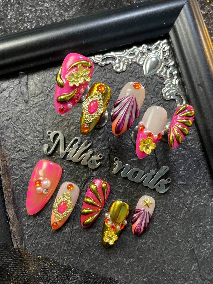 10入手工全覆蓋杏仁形美甲貼片，亮粉色、橘色與金色，3D花朵與水鑽裝飾，Y2K復古奢華風全覆蓋假指甲，適合派對與日常佩戴，含1入膠水與1入美甲搓條