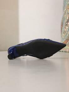 Fashionable Versatile Pointed Toe Slip-On Women High Heels, Elastic Band Closed Toe Pumps, Elegant Backless Sandals With Metal Buckle - Navy Blue - View 4