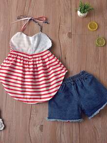 7th Of July Short Set For Girls, American Flag Pattern Tank Top And Denim Shorts, Spring And Summer Independence Day Outdoor Outfit - [Red] - View 2