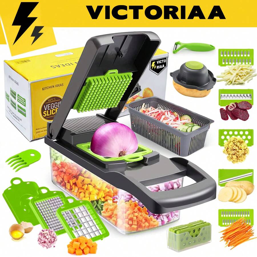 Picador Verduras De 16 En 1 Con Contenedor, Cortador De Verduras, Rallador Verduras Utensilios Cocina Con Cuchillas De Acero Inoxidable Fácil De Manejar, Corta Rápidamente En Dados, Juliana Y Rodajas Para Frutas, Verduras Y Ensaladas