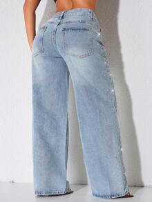 低腰阔腿休闲黑色牛仔裤，带斜插口袋和装饰串珠 - 淺藍色 - 查看 2