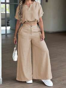 Conjunto de dos piezas para mujer de primavera/verano, conjunto casual simple con parte superior de cuello redondo y manga corta, pantalones de pierna ancha con botones y cremallera delantera de cintura alta con bolsillos, combinación de dos piezas - Caqui - Ver 1