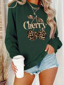 2026 New Year Cotton Sweatshirt Leopard Print Cherry Pattern Printed Sweatshirt, Women's Casual Long Sleeve Round Neck Autumn Winter Sweatshirt, Machine Washable Polyester, Plus Size Women's Clothing, Women's Sportswear Cheerleading Uniform Loose And Comfortable Winter Clothes For Women - 淺灰色 - 查看 8