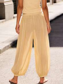 Womens Lantern Pants Casual Loose Fit Stylish Solid Color Drawstring Mid Rise Trousers - Yellow - View 3