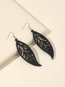 1 Pair Hollow Leaf Design Wooden Dangle Earrings, Minimalist & Casual For Women - Black 1 - View 4