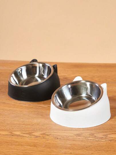 Stainless Steel Cat Food Bowl With Cute Ear Stand - 2-In-1 Tilted Food And Water Bowl, Protects Neck