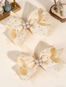 2个奶油色缎面蝴蝶结发夹，优雅珍珠水钻发夹，纯色鳄鱼夹，轻盈奢华发卡，青少年日常、度假及节日发饰 - 彩色 - 查看 1