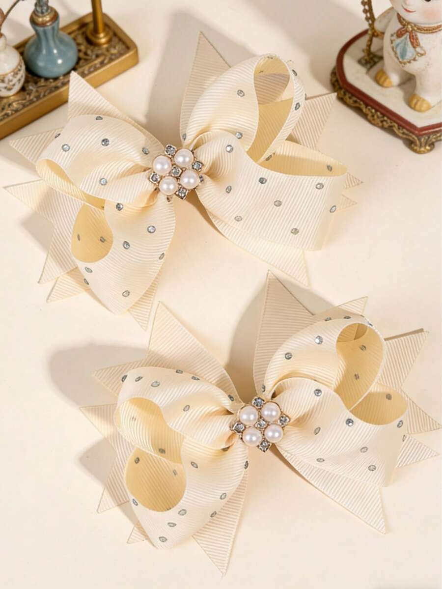 2个奶油色缎面蝴蝶结发夹，优雅珍珠水钻发夹，纯色鳄鱼夹，轻盈奢华发卡，青少年日常、度假及节日发饰 - 彩色 - 查看 1