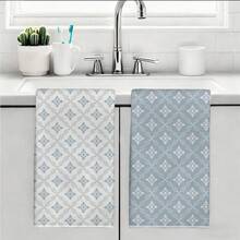 MEMNUN 2条复古几何印花浅蓝色厨房毛巾，尺寸为15.75*23.62英寸（40*60厘米），超柔软吸水超细纤维材质，可用作洗碗巾、手巾、抹布，亦可用于家居装饰、厨房装饰、烹饪烘焙、清洁等，适合餐厅、厨房、节日装饰和礼品，四季皆宜。