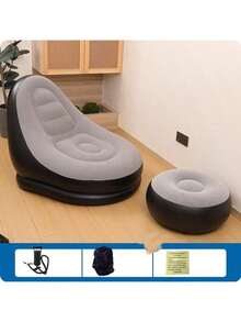 加厚充气沙发床，便携式充气休闲沙发椅及脚凳套装，户外可折叠天鹅绒躺椅沙发带脚凳，午睡沙发带脚凳