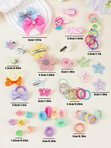 10/15/100/871件套彩色可爱女孩发饰套装，包含蝴蝶结发夹、花朵发卡、全包卡通侧夹、蝴蝶结发圈、Y2K星星BB夹、迷你爪夹和蕾丝竹结弹力发圈，是女孩日常、派对和旅行打造甜美可爱造型的必备单品。 - 彩色 - 查看 3