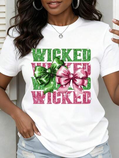 Wicked Christmas Bow Graphic T-Shirt Women Holiday Party Fun Festive Glitter Print Top