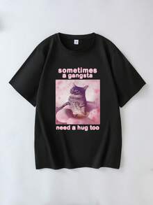 Plus Size Women Round Neck Letter & Animal Print Casual Versatile Commuting Short Sleeve T-Shirt Black - Black - View 8
