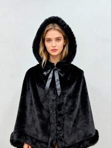 1pc Thick Faux Fur Animal Hooded Shawl Wrap, Bridal Mid-Length Cloak For Wedding, Photography, Warm - White - View 11