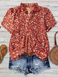 Spring And Summer Women's Shirt Holiday Floral Print Woven Fabric Ruffle Button Collar Shirt Home Indoor Comfortable Wear - 混合色 - 查看 1